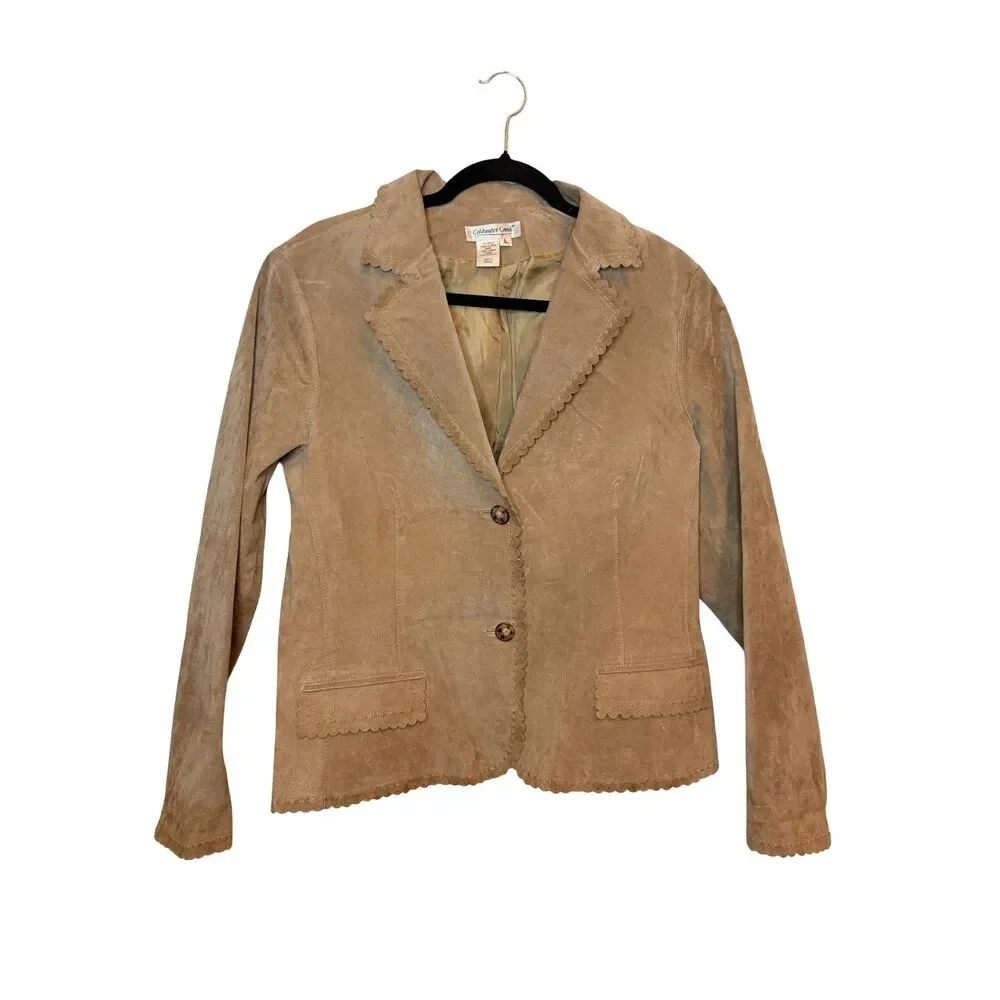 Coldwater Creek Womens L Tan Suede Leather Scalloped Blazer Jacket Boho Western - Picture 2 of 8